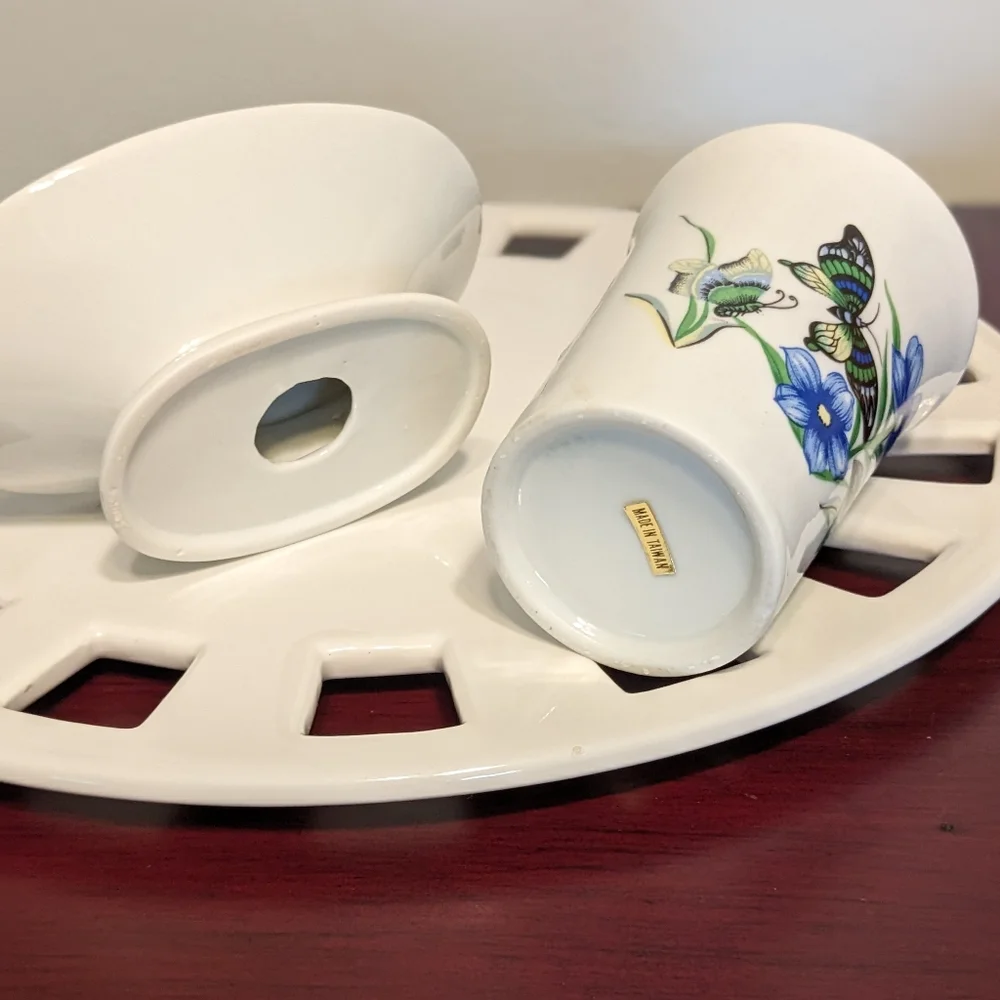 New Butterflies Bathroom Tumbler Or Brush Holder & Soap Dish Flowers Unused